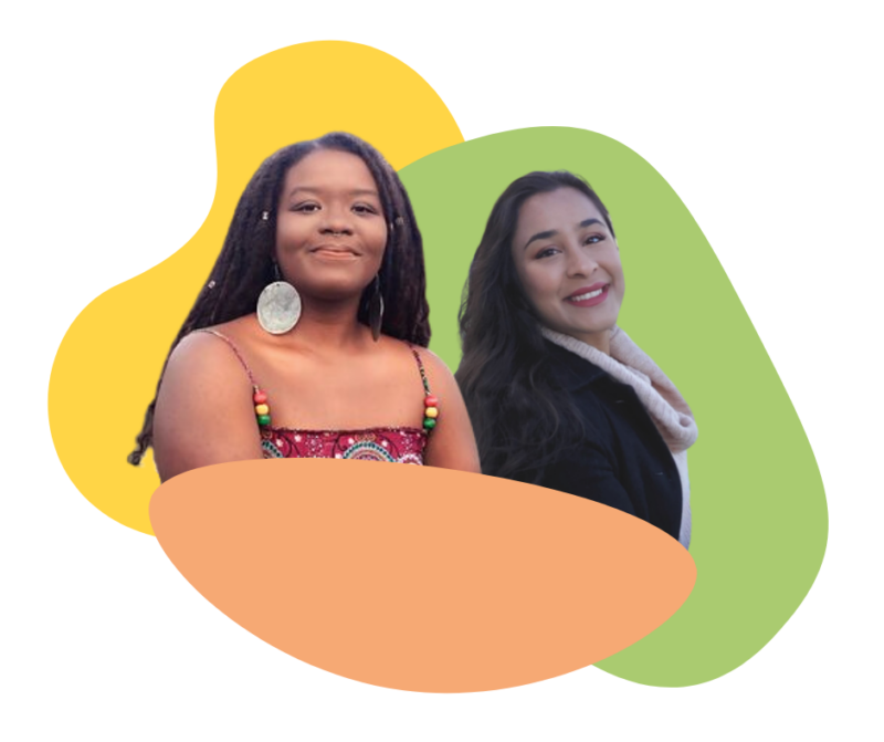 Two smiling women stand side by side surrounded by bright yellow, peach and green blobs