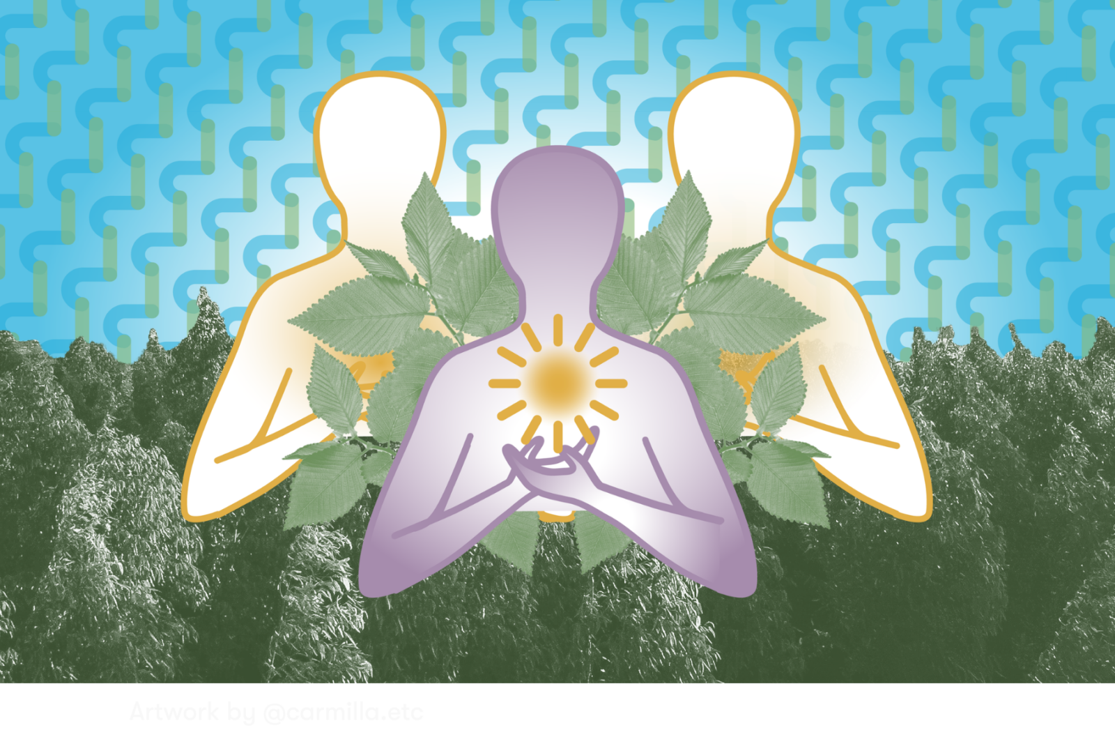 A digital collage showing three figures surrounded by leaves, with one appearing to hold the sun in their hands