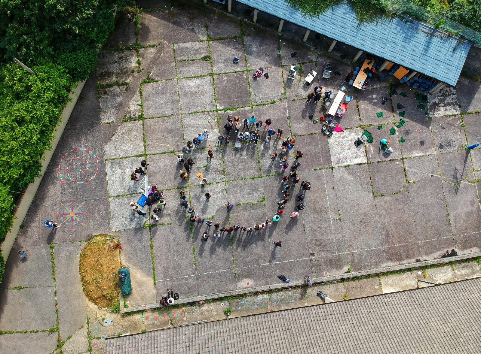 Aerial photo of a loose circle of people in a courtyard used for indigenous innovation blogpost