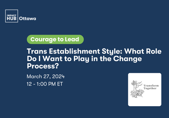 White text, blue background. Text saying title: Trans Establishment Style: What Role Do I Want to Play in the Change Process? Date: March 27 2024, 12-1 PM ET