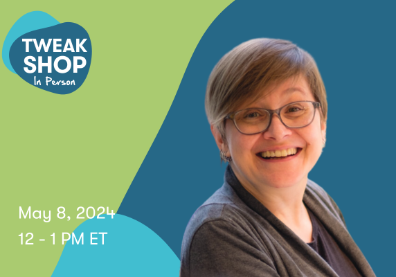Susan, In front of blue and green background. Text reads: May 8, 12-1 pm ET. Tweakshop: Plant Propagation
