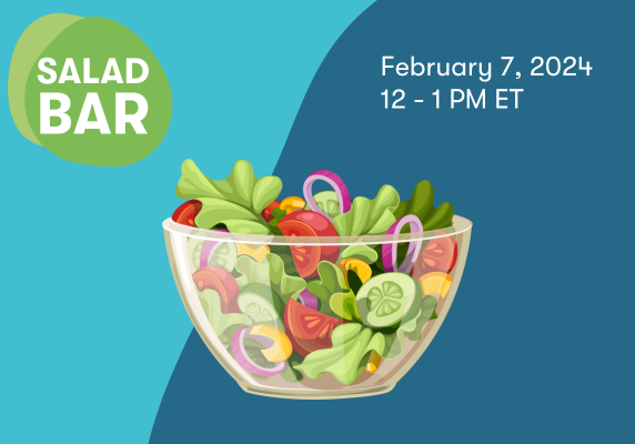 A salad, blue background. Date: February 7, 12-1 pm ET